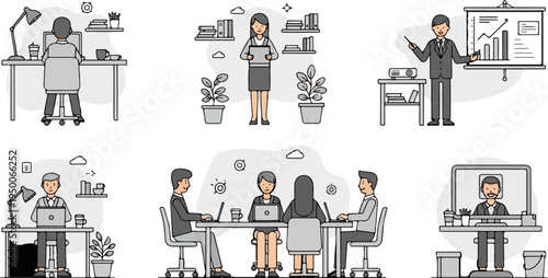 Six diverse office scenes depicting collaboration, individual work, and presentations
