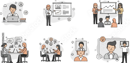 Teamwork and collaboration illustrated with various business meeting scenarios