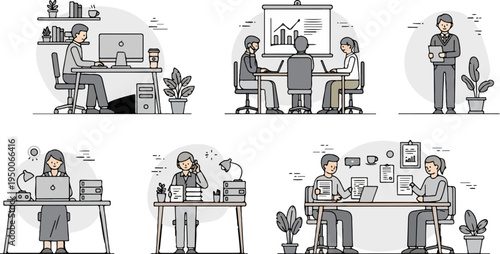 Six diverse office scenes, each depicting individuals engaged in work-related activities