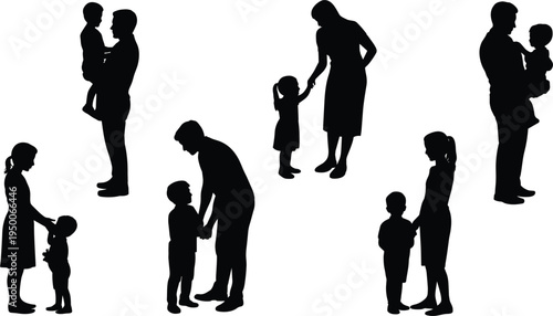Silhouettes of Parents Holding and Guiding Children on White Background family father