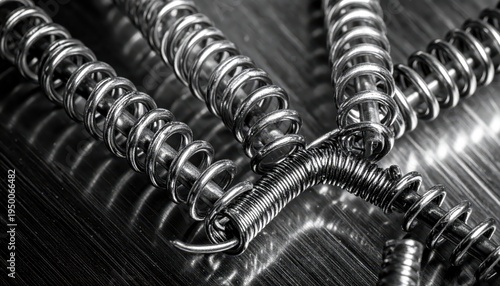 Close up view of compressed metallic springs with intricate coils and reflective surfaces.