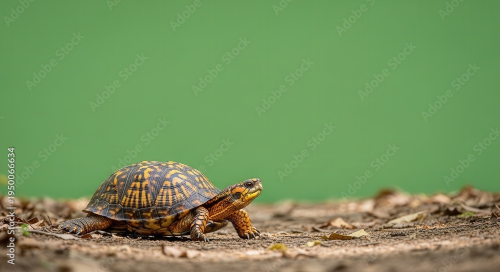 Obraz premium Close-Up of Baby Tortoise on Natural Ground Surface with Green Background