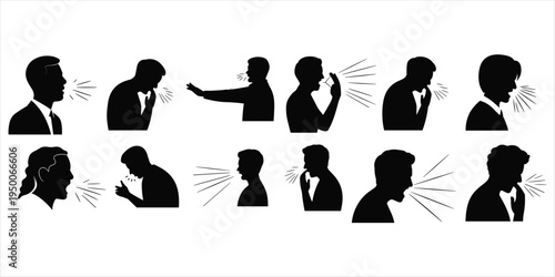 Silhouettes of people coughing and sneezing with radiating lines on white background sneeze sick