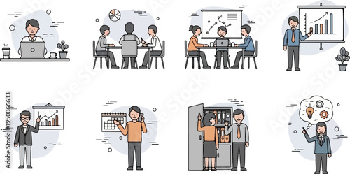 Business graphics showing people in various office activities
