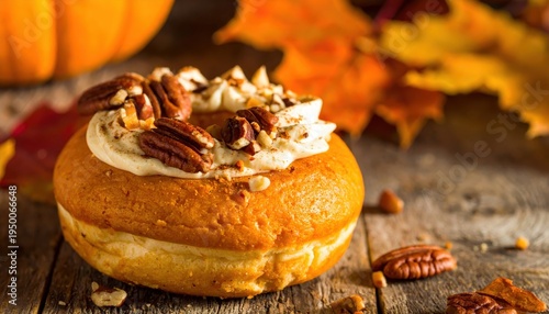 Decadent Pumpkin Spice Doughnut Topped with Cream Cheese Frosting and Candied Pecans on a Rustic Wooden Surface with Autumn Leaves