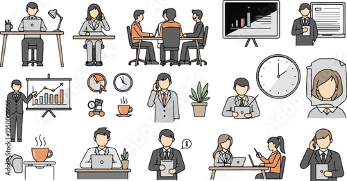 Business office icons showing diverse tasks and people working