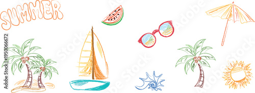Hand-drawn vector stickers of summer, travel and vacation