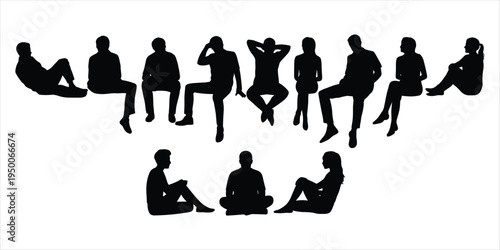 Silhouettes of People Sitting in Two Rows on White Background seated diverse poses