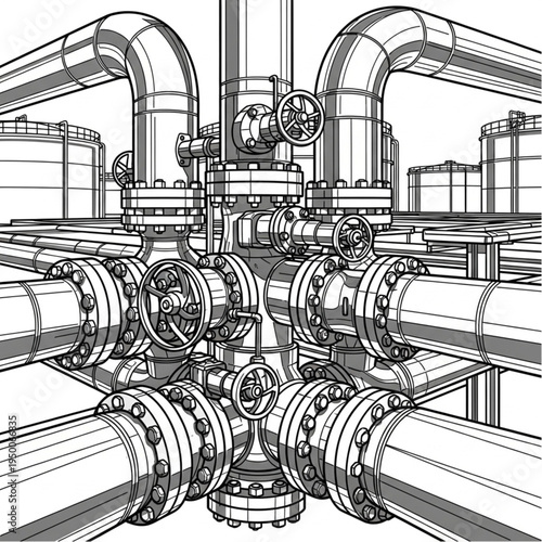 Industrial pipe system with valves and flanges illustration.