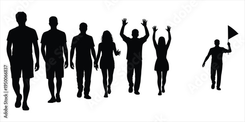 Silhouettes of People Walking and Waving with a Person Holding a Flag Against White Background group