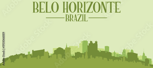 Green panoramic poster of the city skyline with solid background buildings on a hilly terrain of BELO HORIZONTE, BRAZIL