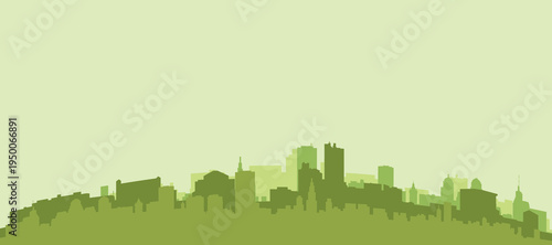 Green panoramic poster of the city skyline with solid background buildings on a hilly terrain of CURITIBA, BRAZIL