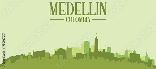 Green panoramic poster of the city skyline with solid background buildings on a hilly terrain of MEDELLIN, COLOMBIA