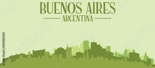 Green panoramic poster of the city skyline with solid background buildings on a hilly terrain of BUENOS AIRES, ARGENTINA