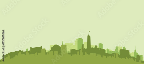 Green panoramic poster of the city skyline with solid background buildings on a hilly terrain of MEDELLIN, COLOMBIA