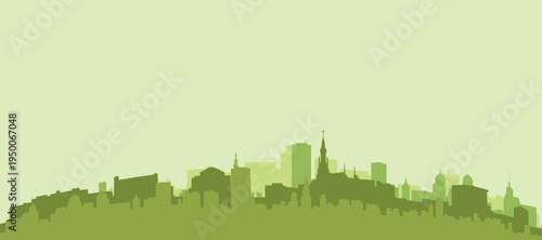 Green panoramic poster of the city skyline with solid background buildings on a hilly terrain of CALI, COLOMBIA
