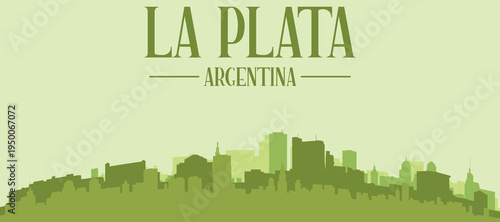 Green panoramic poster of the city skyline with solid background buildings on a hilly terrain of LA PLATA, ARGENTINA
