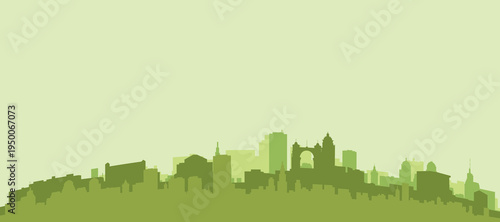 Green panoramic poster of the city skyline with solid background buildings on a hilly terrain of CORDOBA, ARGENTINA