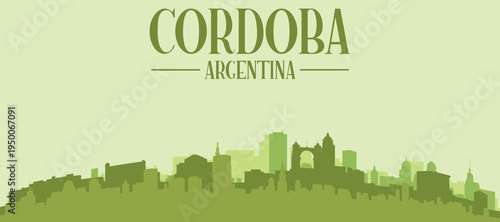 Green panoramic poster of the city skyline with solid background buildings on a hilly terrain of CORDOBA, ARGENTINA