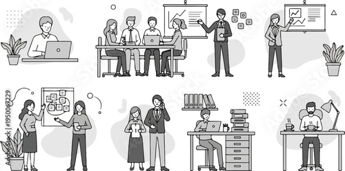 Business people collaborating in office settings, presenting data and working