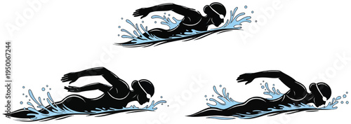 Set of swimmer silhouettes showing freestyle, breaststroke, and backstroke strokes.