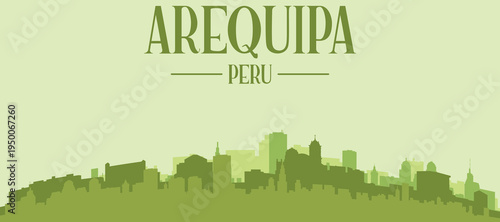 Green panoramic poster of the city skyline with solid background buildings on a hilly terrain of AREQUIPA, PERU
