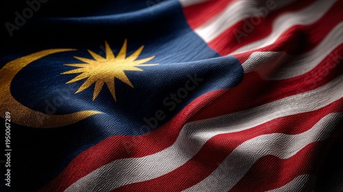 Malaysia's national flag, jalur gemilang, close up with waving fabric texture, symbolizing national pride, independence, patriotism, unity, and government