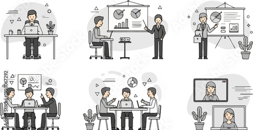 Businesspeople collaborate and present in various office and remote settings