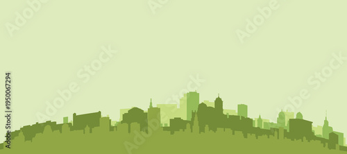 Green panoramic poster of the city skyline with solid background buildings on a hilly terrain of AREQUIPA, PERU