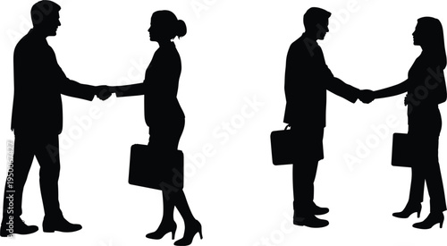 Silhouettes of two business couples shaking hands on a white background Keywords: business, handshake, meeting, agreement, deal