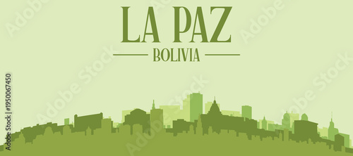 Green panoramic poster of the city skyline with solid background buildings on a hilly terrain of LA PAZ, BOLIVIA