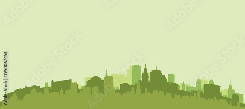 Green panoramic poster of the city skyline with solid background buildings on a hilly terrain of MONTEVIDEO, URUGUAY