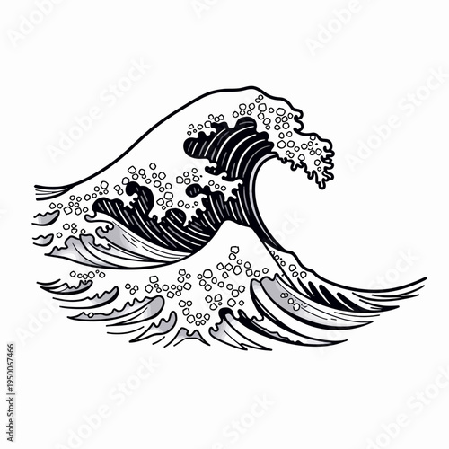 Classic line art vector illustration of a magnificent Japanese great ocean wave crashing dynamically for traditional oriental art and surf concepts.