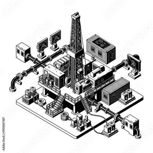 Industrial offshore oil rig platform illustration isometric view.