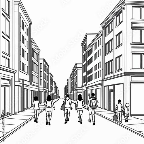 Detailed architectural line art vector illustration showing a deep perspective view down a modern urban city street lined with tall buildings.