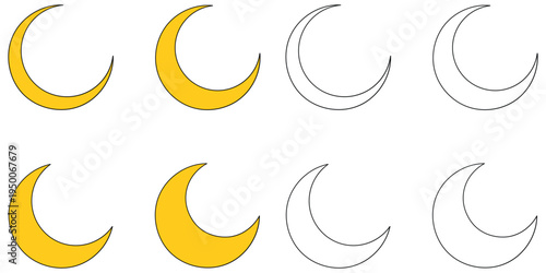 Hand-drawn cartoon and doodle set of crescent moons on a white background.