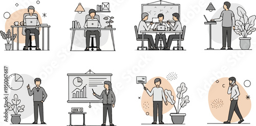 Diverse office scenarios with people, laptops, charts, and plants