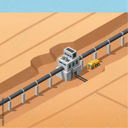 Industrial oil pipeline construction in desert landscape.