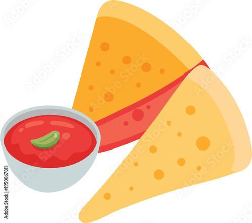 Two slices of pizza with a bowl of tomato sauce food