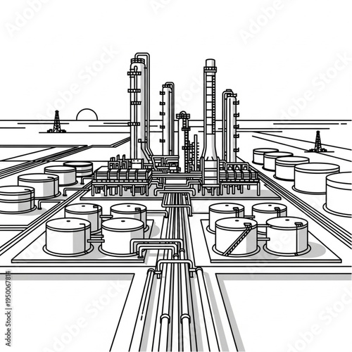 Industrial oil refinery complex with storage tanks and distillation towers.