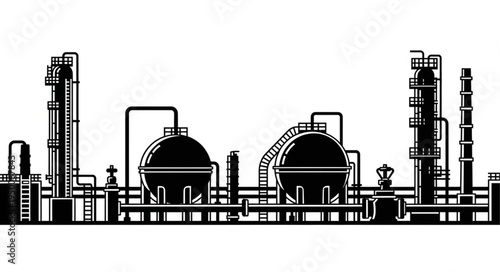 Industrial oil refinery complex with storage tanks and towers.