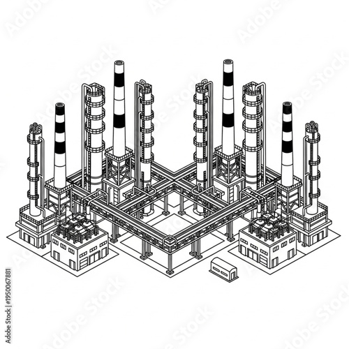 Industrial Oil Refinery Complex with Tall Stacks.