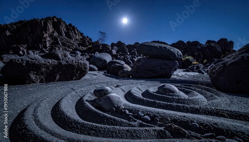 Perfectly smooth dark basalt stones arranged in a precise circular zen pattern under the moonlight in a rocky landscape