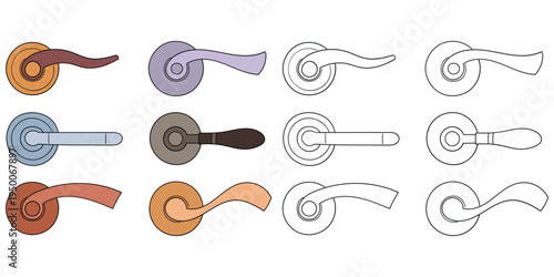 Hand-drawn cartoon and doodle set of door handles on a white background.