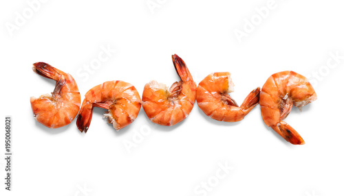 Composition with tasty boiled shrimps isolated on white background, closeup