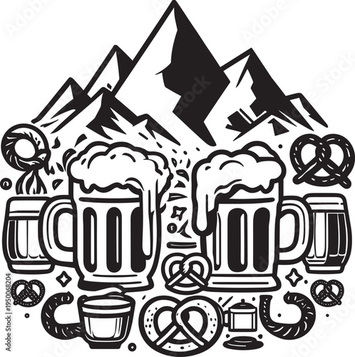 Oktoberfest beer mugs and pretzels with mountain scenery silhouette