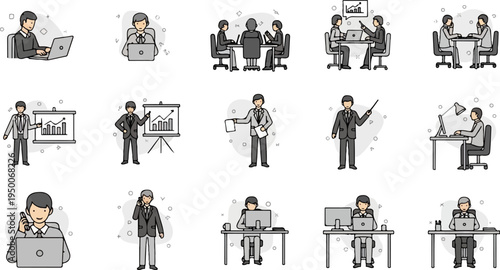Business professionals depicted in various office and meeting scenarios