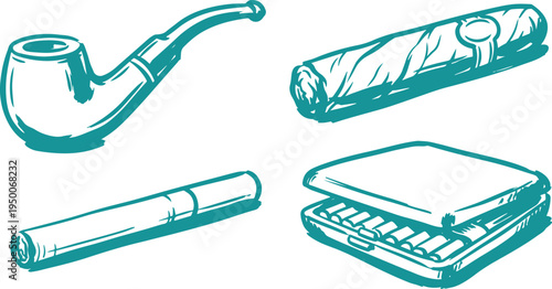 Hand Drawn Smoking Pipe Set Vector Illustration, Tobacco Pipe and Cigar Sketch Collection.