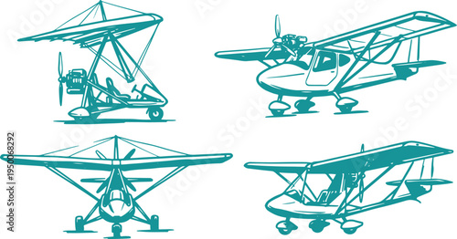 Hand Drawn Ultralight Aircraft Set Vector Illustration, Small Airplane Sketch Collection