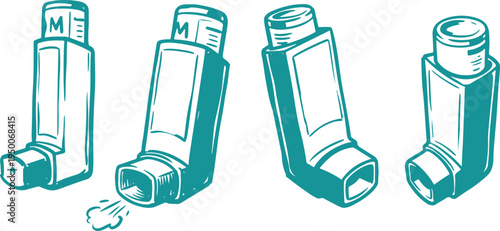 Hand Drawn Asthma Inhaler Set Vector Illustration, Medical Inhaler Sketch Collection.
